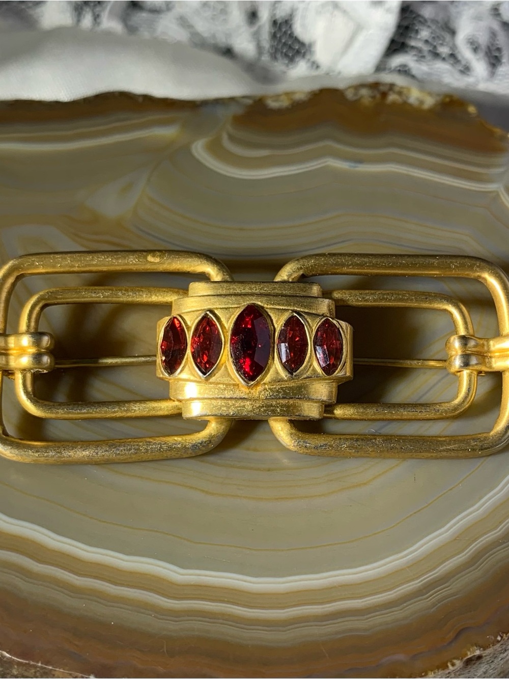 Vintage Art Deco inspired bar marquise red ruby glass stone bar brooch gold matt